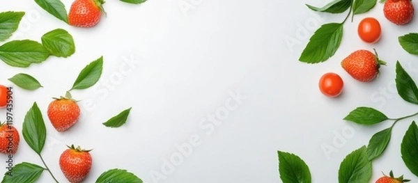 Fototapeta Fresh strawberries and small orange fruits with green leaves on a light background with ample Copy Space for text placement