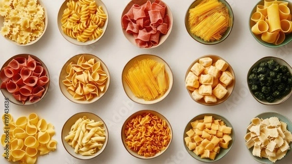 Fototapeta Variety of Freshly Made Pasta Types in Bowls on a Light Table Surface