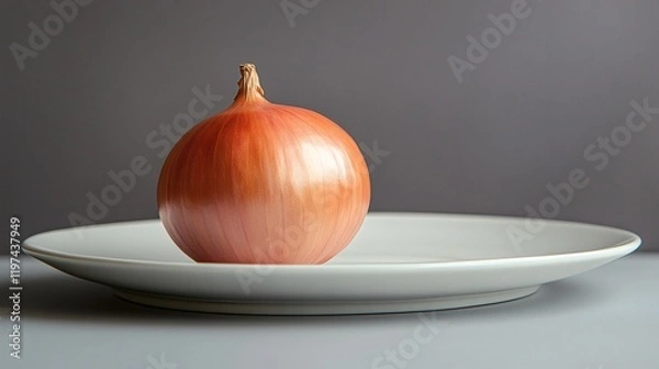Obraz Isolated of a single onion on a white plate with a minimalist style Stock Photo with side copy space