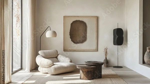 Fototapeta A minimalist living room with a comfortable armchair, floor lamp, and abstract art pieces adding character.