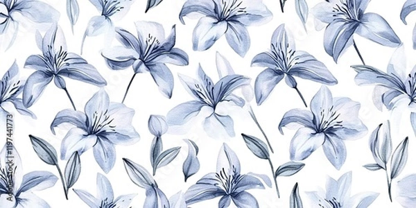 Fototapeta A seamless pattern of lilies in shades of blue and gray, arranged on a white background, in a watercolor style.