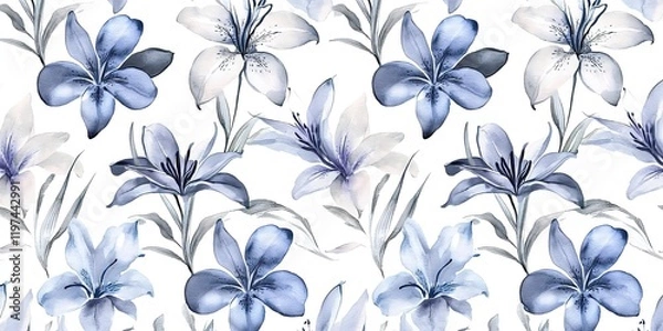 Obraz A seamless pattern of lilies in shades of blue and gray, arranged on a white background, in a watercolor style.