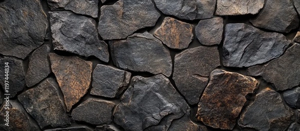 Fototapeta Dark Faceted Stone Wall with Varied Textures and Shadows, Ideal for Text Overlay or Background Design