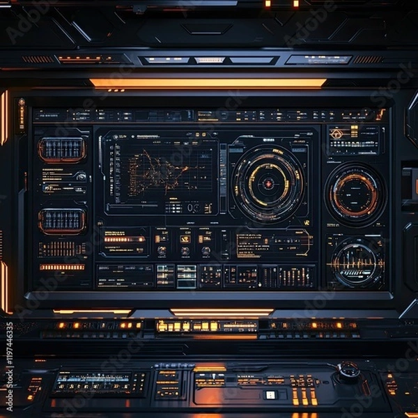 Fototapeta Futuristic control panel, glowing orange, dark interface.