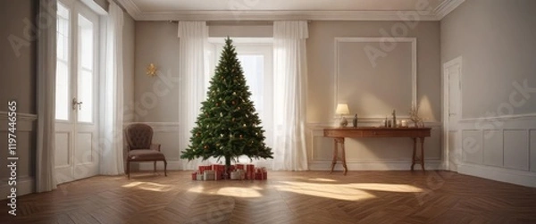 Fototapeta A five-pointed star-shaped Christmas tree in a room , tree, xmas