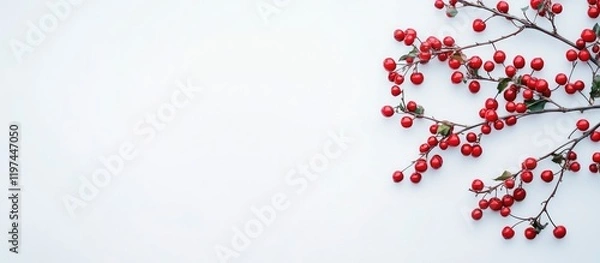 Fototapeta Red Christmas Cherry Branch on Minimalist White Background with Copy Space for Holiday Text and Decorations in Festive Winter Setup