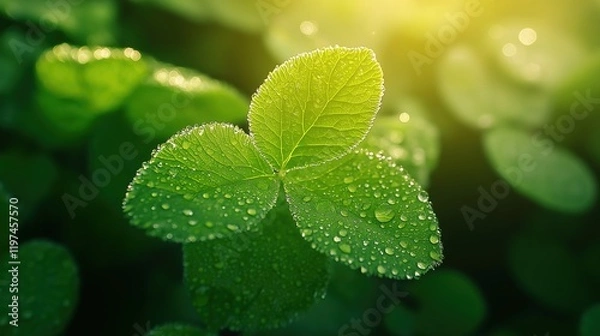 Fototapeta Vibrant green clover with dew drops bathed in golden sunlight, symbolizing luck and renewal in nature's embrace.
