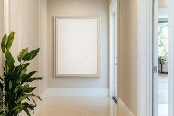 Fototapeta Bright corridor showcasing an empty frame beside lush green plant and inviting open door leading to an airy living space