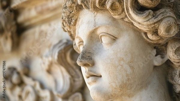 Fototapeta Close-up View of Ancient Marble Statue with Detailed Facial Features and Textured Surface Ideal for Art and History References Copy Space
