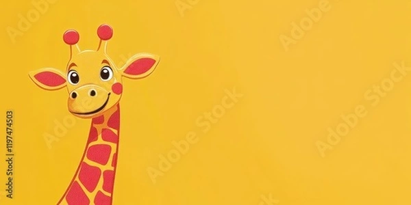 Fototapeta Cartoon giraffe character with bright yellow background featuring copy space for text placement.