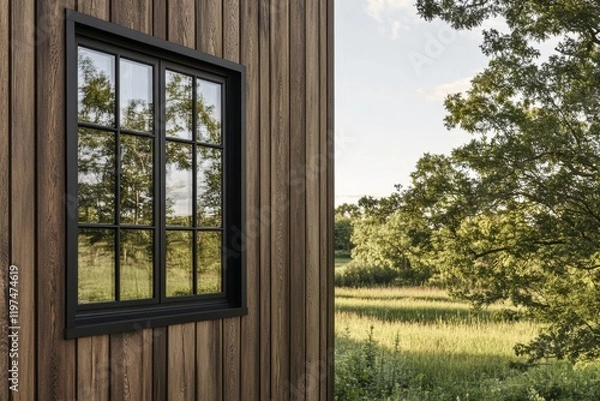 Fototapeta The rustic wooden exterior of a countryside building showcases a spacious window that beautifully reflects the vibrant greenery and expansive fields bathed in the warm glow of late afternoon sunlight