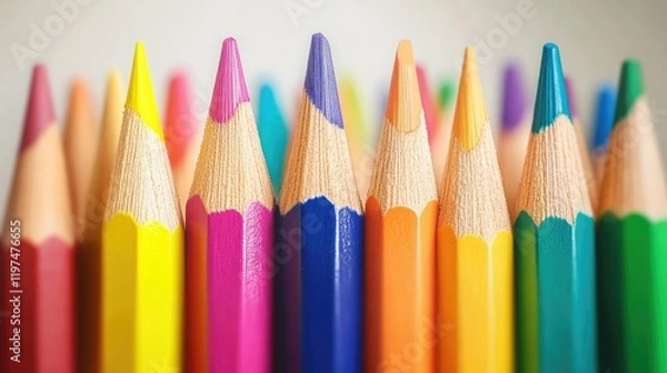 Fototapeta Colorful arranged pencil tips in a close-up view with a gradient of shades and textures, ideal for art and design themes Copy Space available