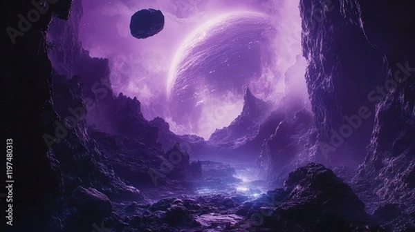 Fototapeta A purple alien planet with huge rocks floating in the sky