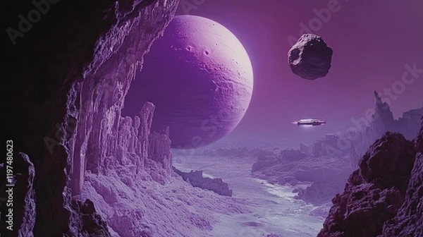 Fototapeta A purple alien planet with huge rocks floating in the sky