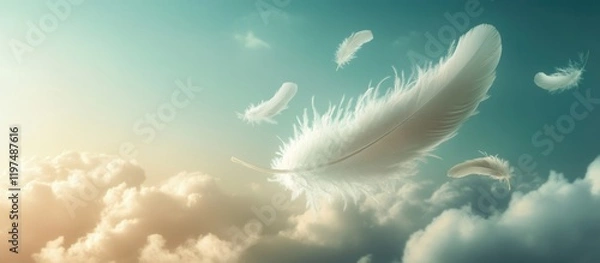 Fototapeta Soft white feathers drifting through a serene blue sky with clouds and copy space for text placement.
