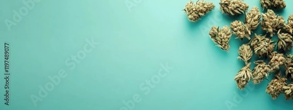 Fototapeta Close-up of cannabis buds on a turquoise background with Copy Space for text placement
