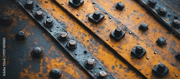 Fototapeta Rusty metal surface with industrial rivets and bolts creating a textured background with visible corrosion and weathering. Copy Space.