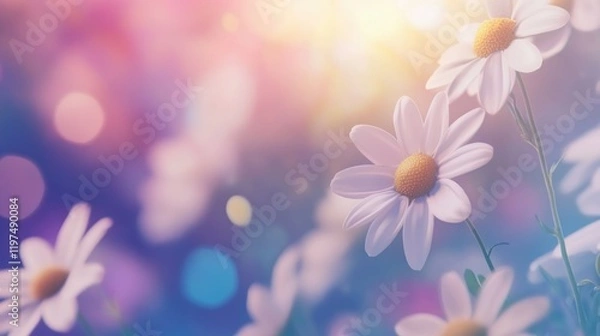 Fototapeta Soft focus floral background featuring daisies with bokeh effect and ample copy space for text placement. Ideal for spring or nature themes.