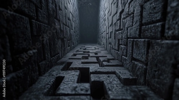 Fototapeta A dark, narrow maze with textured stone walls and a mysterious atmosphere.