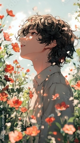 Fototapeta Beautiful anime in a floral dress with a spring bouquet, smiling with nature's love