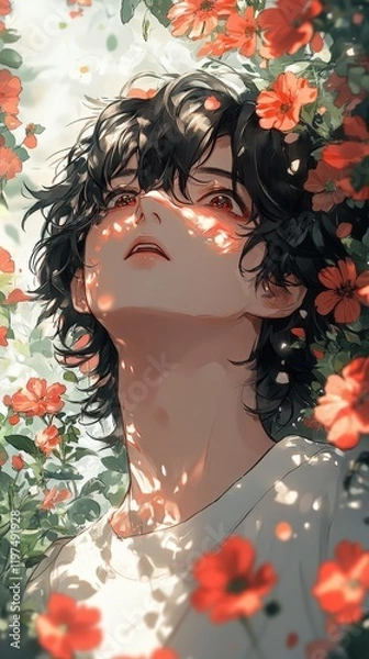 Fototapeta Beautiful anime in a floral dress with a spring bouquet, smiling with nature's love