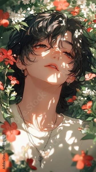 Fototapeta Beautiful anime in a floral dress with a spring bouquet, smiling with nature's love