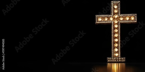 Fototapeta Illuminated vintage cross with light bulbs on a dark background featuring ample copy space for text placement