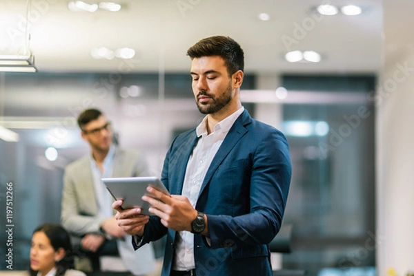 Fototapeta Portrait of young handsome businessman standing in his office in front of his colleagues with tablet in his hands.