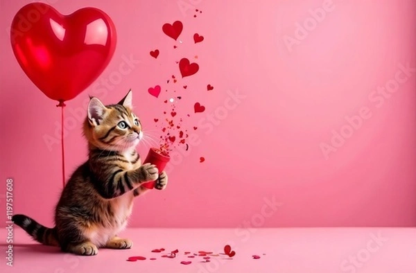 Obraz cute kitten with heart shaped confetti on pink background