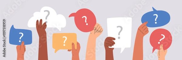 Fototapeta FAQ concept, diverse group of people holding speech bubbles with questions marks, human arms raising frequently asked questions, online. Modern vector illustration banner template, isolated background