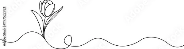 Fototapeta Tulip one line drawing.Abstract flower continuous line. Minimalist contour drawing of tulip. Continuous line drawing of flower tulip.Hand drawn sketch of flower with leaves.