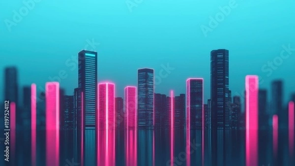 Fototapeta A vibrant city skyline with glowing pink and blue skyscrapers, creating a futuristic and energetic atmosphere.