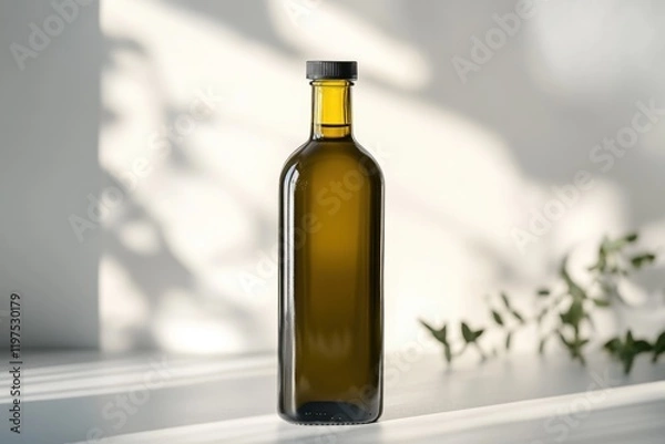 Obraz Elegant glass bottle filled with rich olive oil against a softly lit background showcasing minimalist design elements