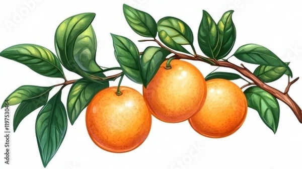 Fototapeta Fresh Oranges on Branch with Green Leaves in Vibrant Colors