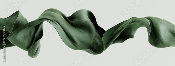 Fototapeta Flying green texture piece of fabric 3d rendering. Abstract wave of cloth material isolated on white.