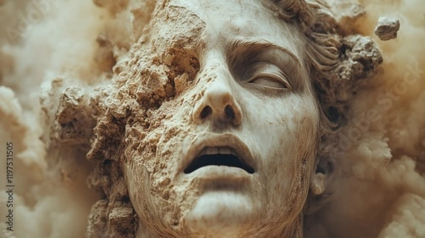 Fototapeta destroyed statue of a man's face, concept of mental health
