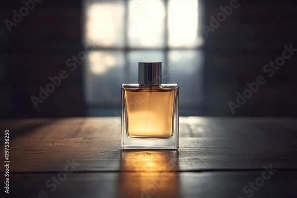 Obraz Golden essence captured in a glass bottle on a rustic wooden table by soft window light