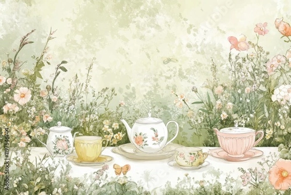 Obraz Delicate tea set arranged amidst blooming garden flowers inviting a serene afternoon gathering
