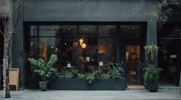 Fototapeta Mockup storefront, shop facade and window. Template for storefront window, classic boutique design. Empty window, retail front, store facade, traditional storefront style. Realistic style photo