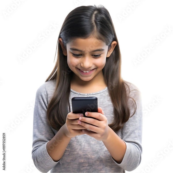 Obraz Happy Girl Child Using Smartphone Mobile Phone kid fun cute teen young media screen people