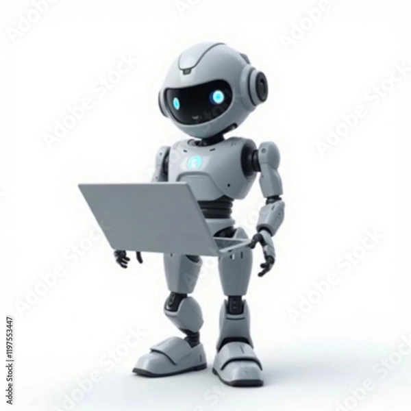 Fototapeta Futuristic Humanoid Figure Interacting with Laptop