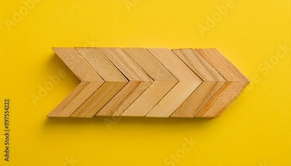 Fototapeta Wooden blocks arranged in the shape of an arrow pointing to the right on a yellow background 