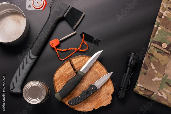 Fototapeta Bushcraft and survival equipment on a black background. Flat lay composition