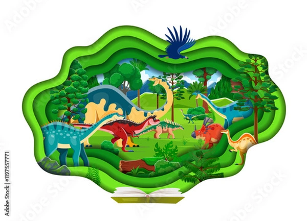Fototapeta Paper cut prehistoric dinosaurs landscape with opened text book. Paleontology reptiles paper cut vector banner with argentavis, melanorosaurus and lufengosaurus, gallimimus, carnotaurus dinosaurs