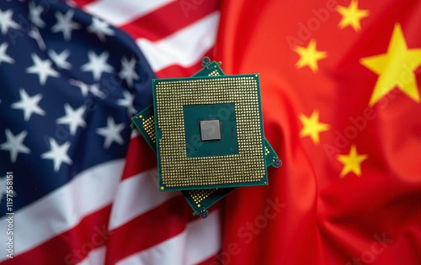 Obraz Computer CPU Chip sitting on top of China and United States Flag. Technology, Tariff, Economy