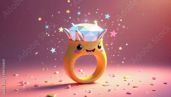 Fototapeta Playful cartoon-style ring with colorful gemstone and smiling face against sparkly background