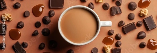 Obraz A top view of a coffee cup surrounded by chocolate chips and caramel sauce