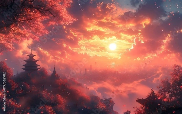 Fototapeta Serene Oriental Sunset Painting with Falling Petals