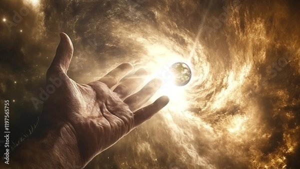 Fototapeta A divine hand gently holding planet Earth, surrounded by the vastness of the universe with stars and galaxies glowing in the background.

