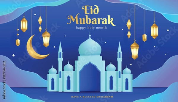 Fototapeta Eid Mubarak: Golden Lanterns and Crescent Moon with Majestic Mosque
